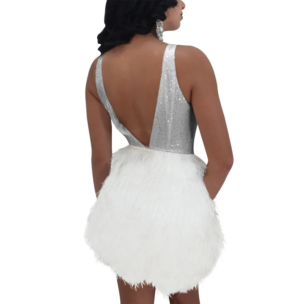 Deep V-neck Backless Faux Fur Decorate Short Club Party Dress