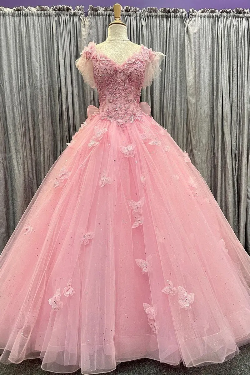 Flutter Sleeves Pink Tulle Ball Gown with Butterfly Appliques